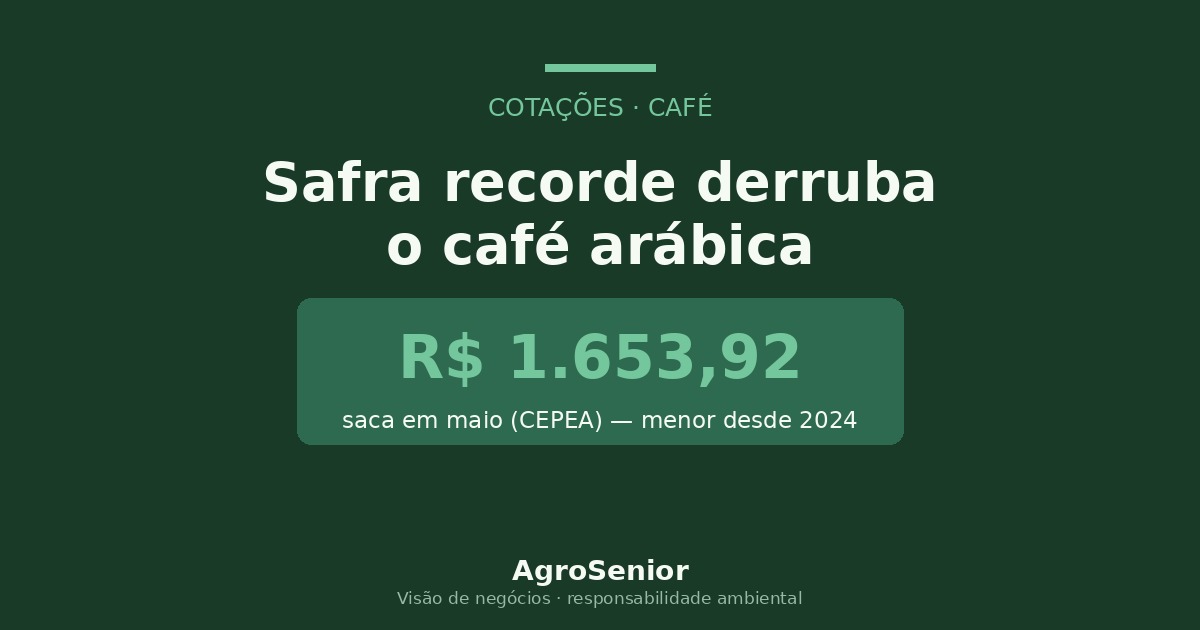 Café arábica em queda — saca a R$ 1.653,92 em maio, menor desde 2024