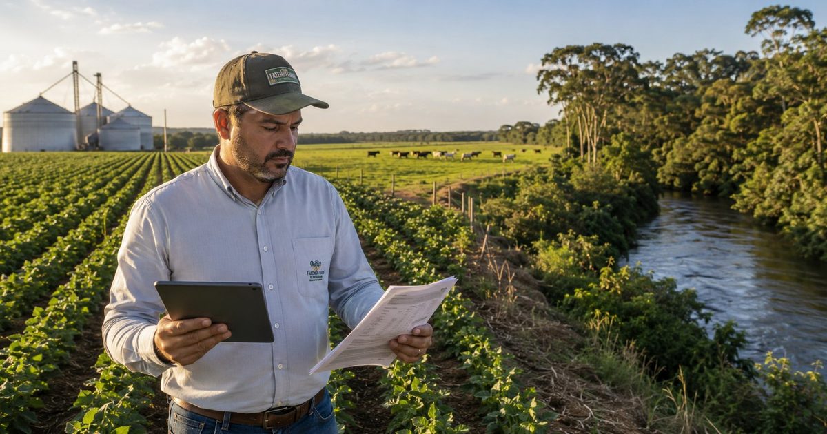 Produtor rural analisa documentos com tablet entre lavoura, gado e mata ciliar preservada